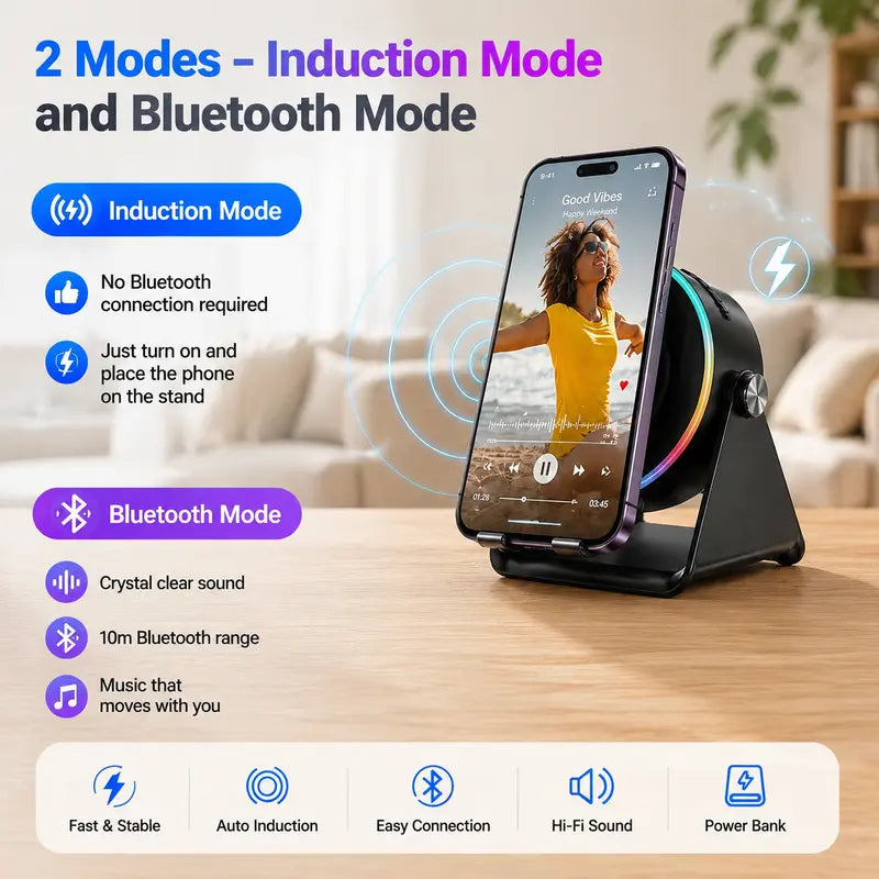 🔊 5-in-1 Wireless Induction Bluetooth Speaker Stand – 360° Rotating Phone Holder with LED Light