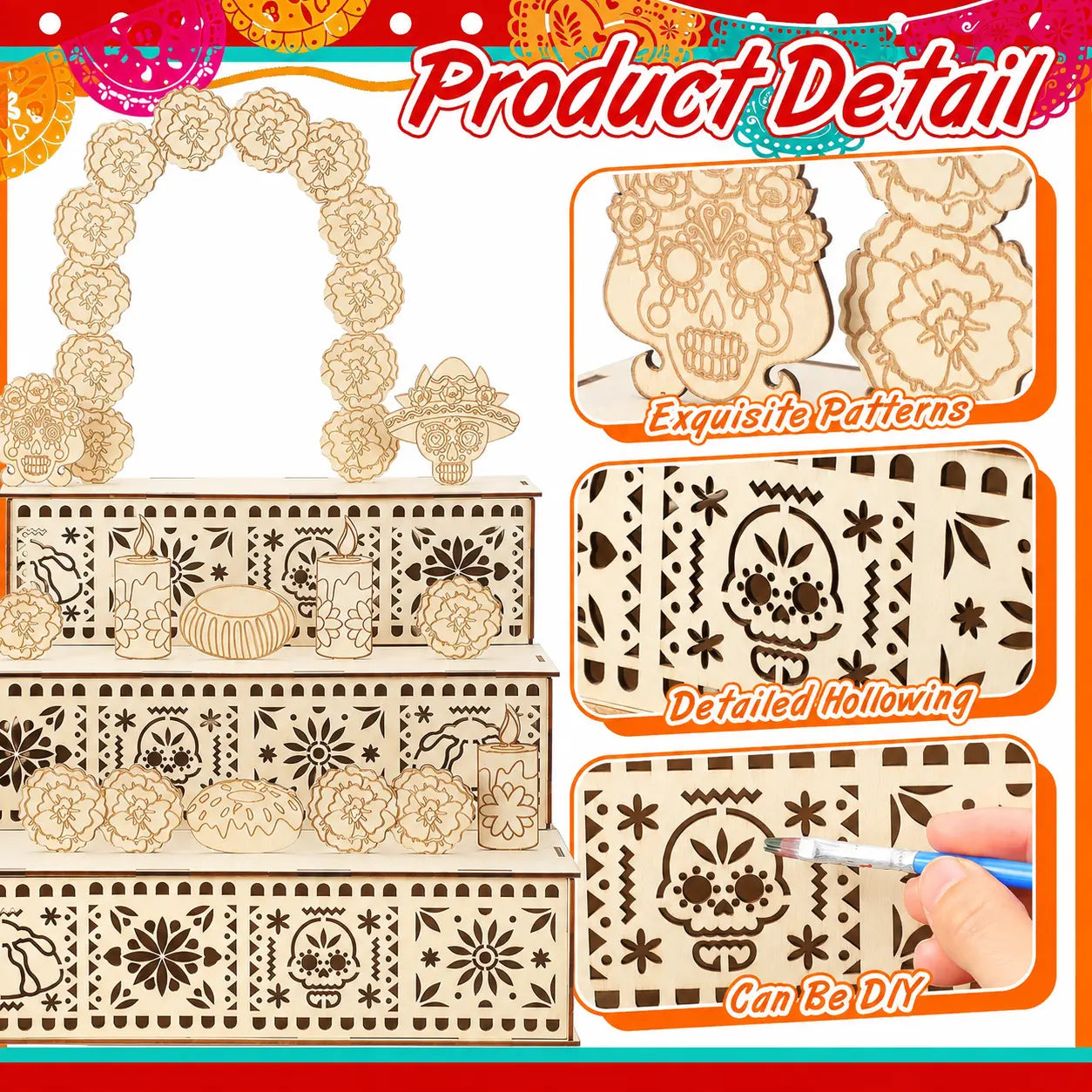💀3-Tier Mexican Day of the Dead Wooden Altar Display Set🏵️