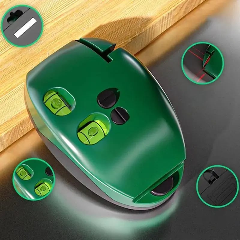 Compact green right angle laser level showing bubble levels laser opening and tool details