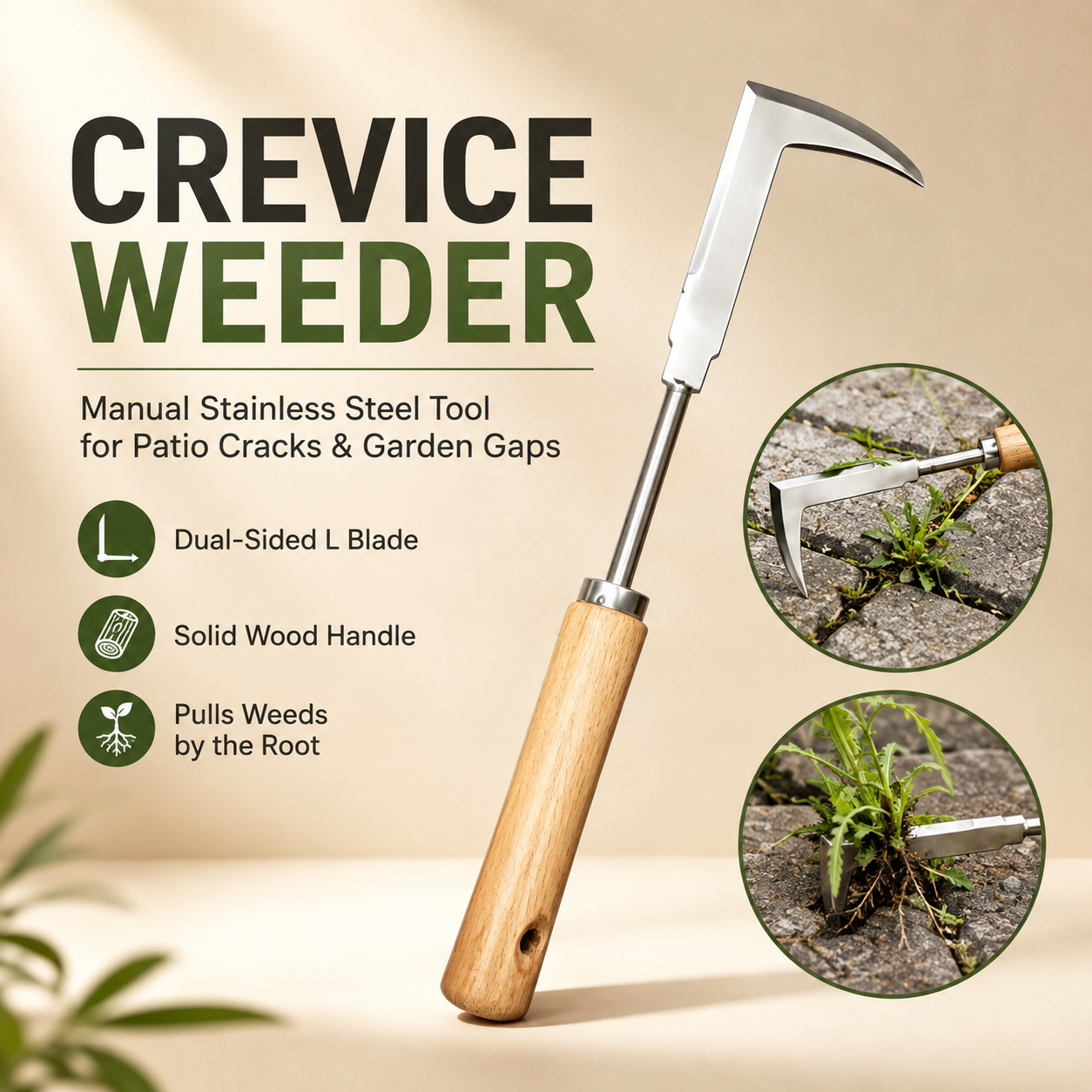 🌿Wooden Handle Crevice Weeder, Stainless Steel Manual Grass Remover for Patio, Pathways & Yards