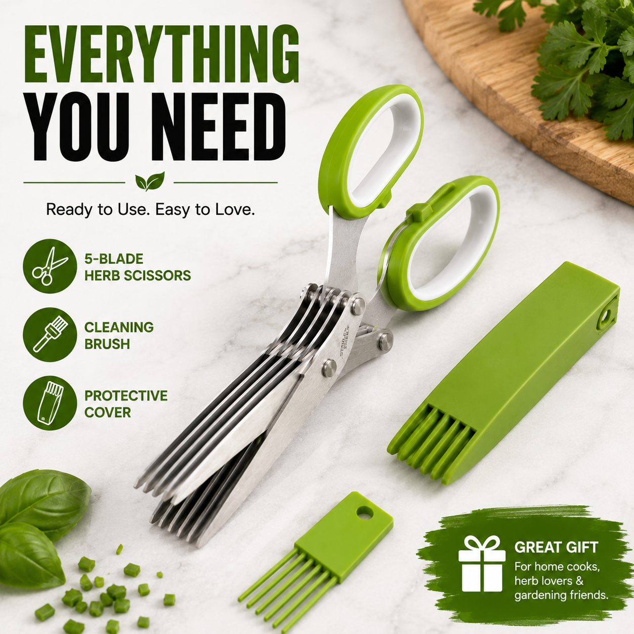 5-Blade Stainless Steel Herb Scissors with Cleaning Brush & Protective Cover