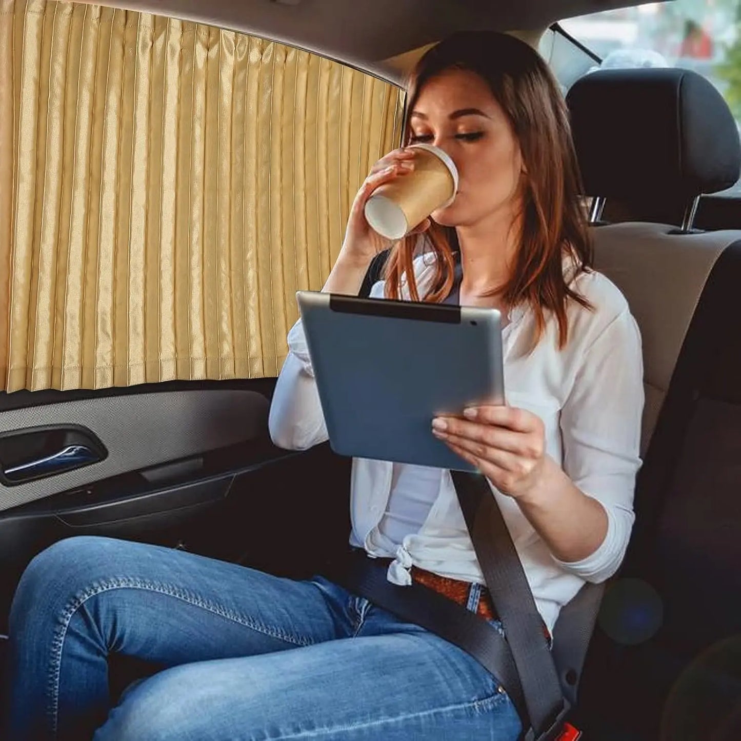 4-Piece Beige Magnetic Car Side Window Sun Shades – UV Protection & Privacy Curtains