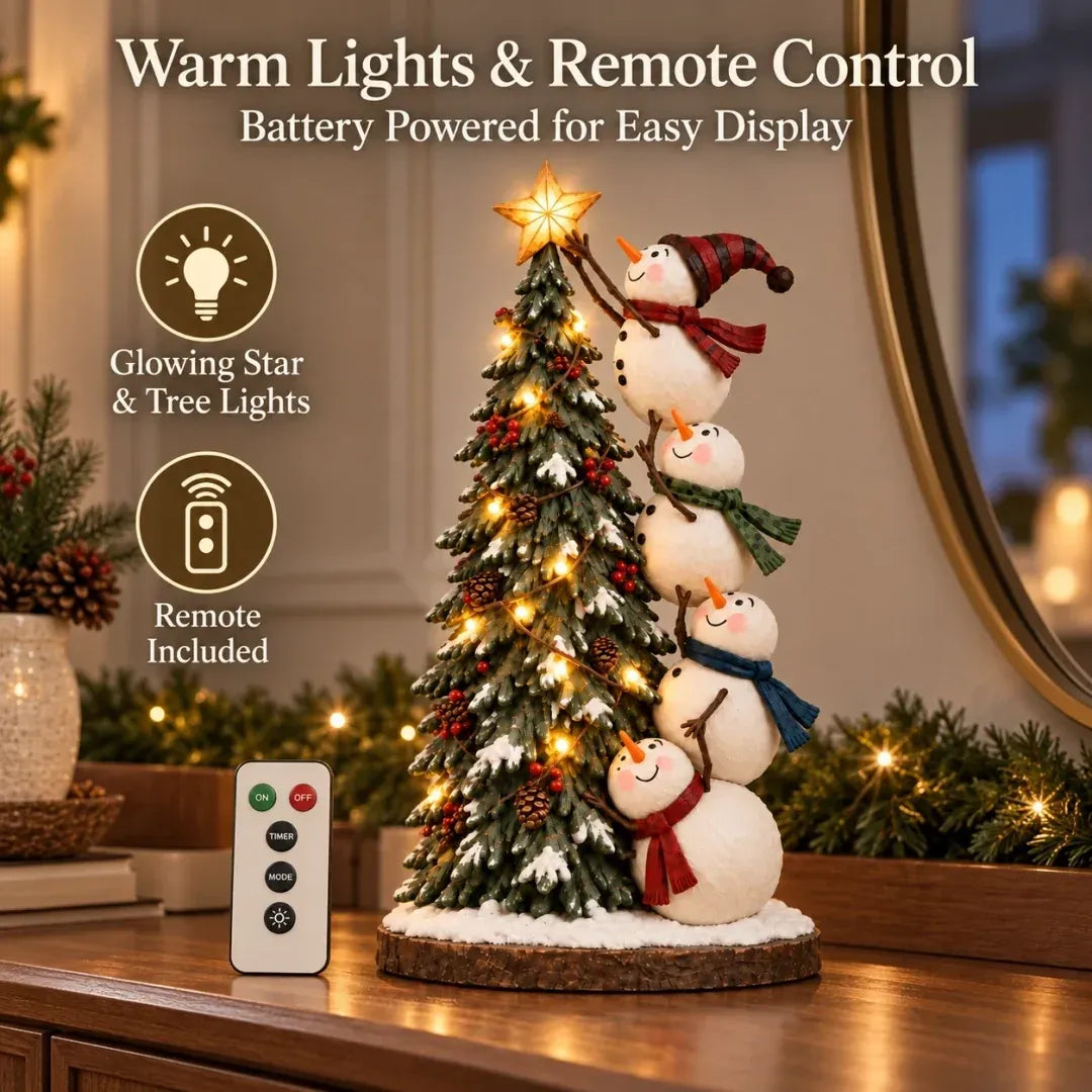 ⛄ Four Snowmen Light-Up Christmas Tree Figurine – LED Holiday Tabletop Decoration