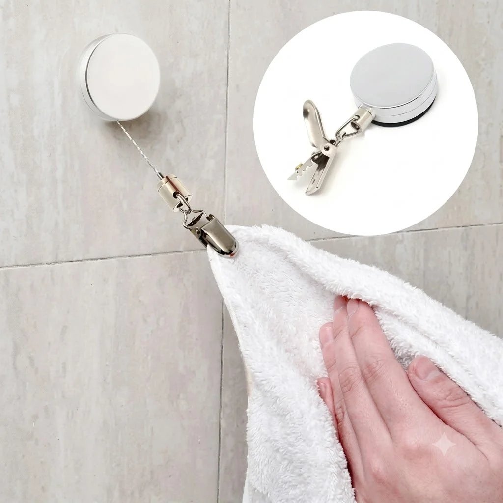 No-Drill Retractable Towel Holder Clips — Self-Adhesive, Space-Saving