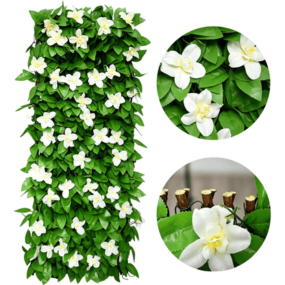 📍🍃Extendable Simulation Rattan Fence with White Flowers Decorating Green Leaves