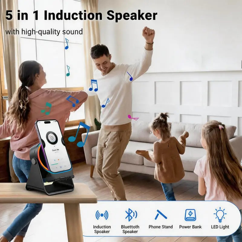 🔊 5-in-1 Wireless Induction Bluetooth Speaker Stand – 360° Rotating Phone Holder with LED Light