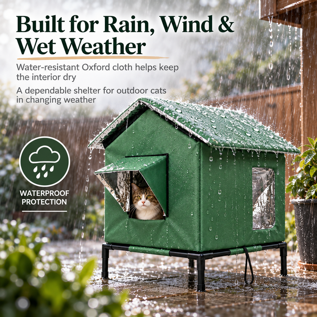 Weather-resistant outdoor cat house protecting a cat from rain