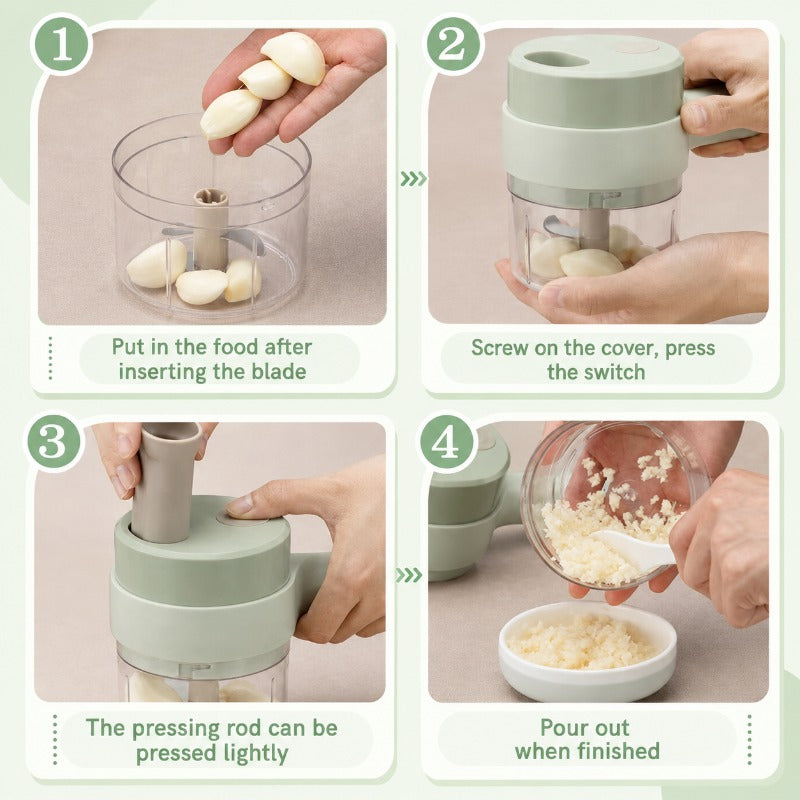 Four step guide for using cordless food chopper with enclosed cup