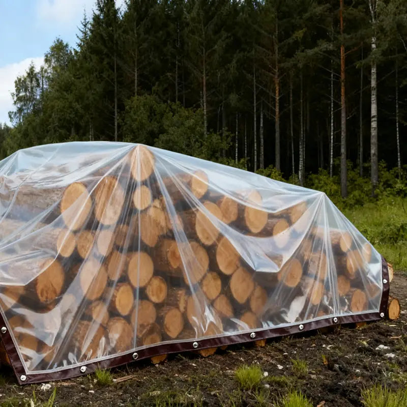 Clear outdoor tarp covering stacked firewood