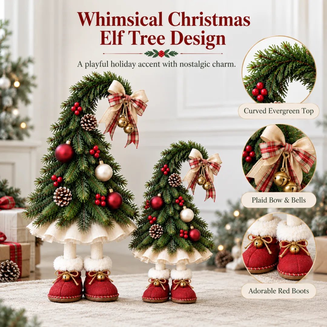 🎄 Whimsical Christmas Elf Tree – Cute Red Boots & Vintage Holiday Charm