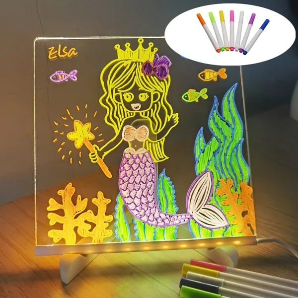 Colorful mermaid drawing on the LED board with seven colored pens displayed above