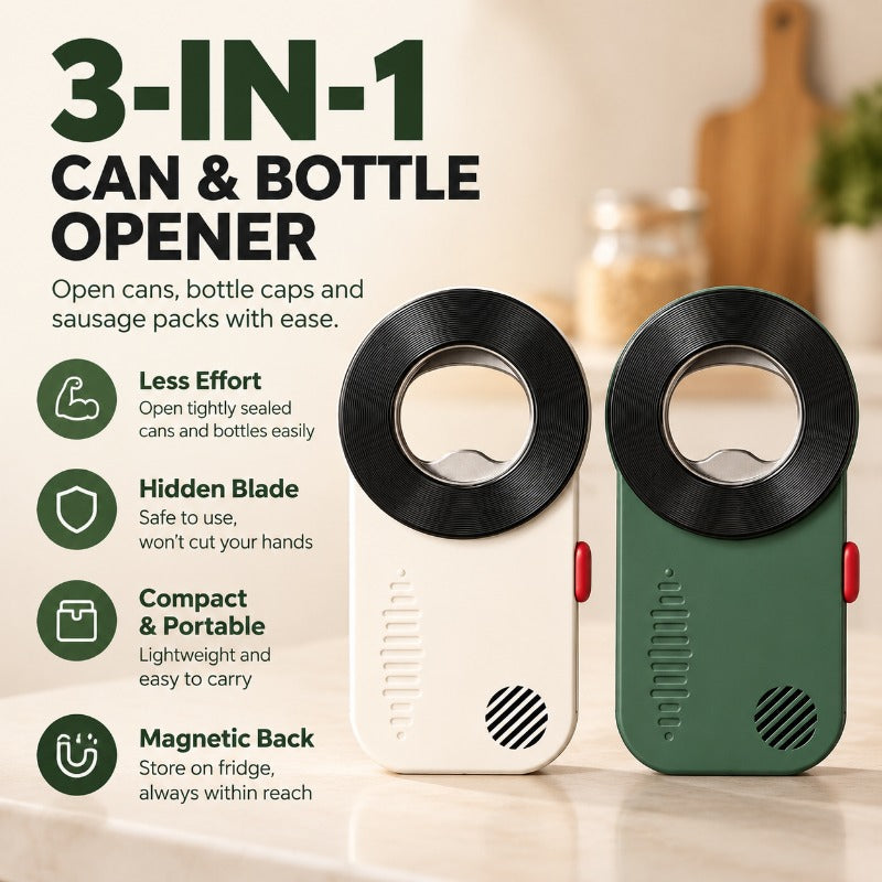🧲✨ 3-in-1 Magnetic Bottle & Can Opener – Handy Fridge-Mount Kitchen Gadget 🥤