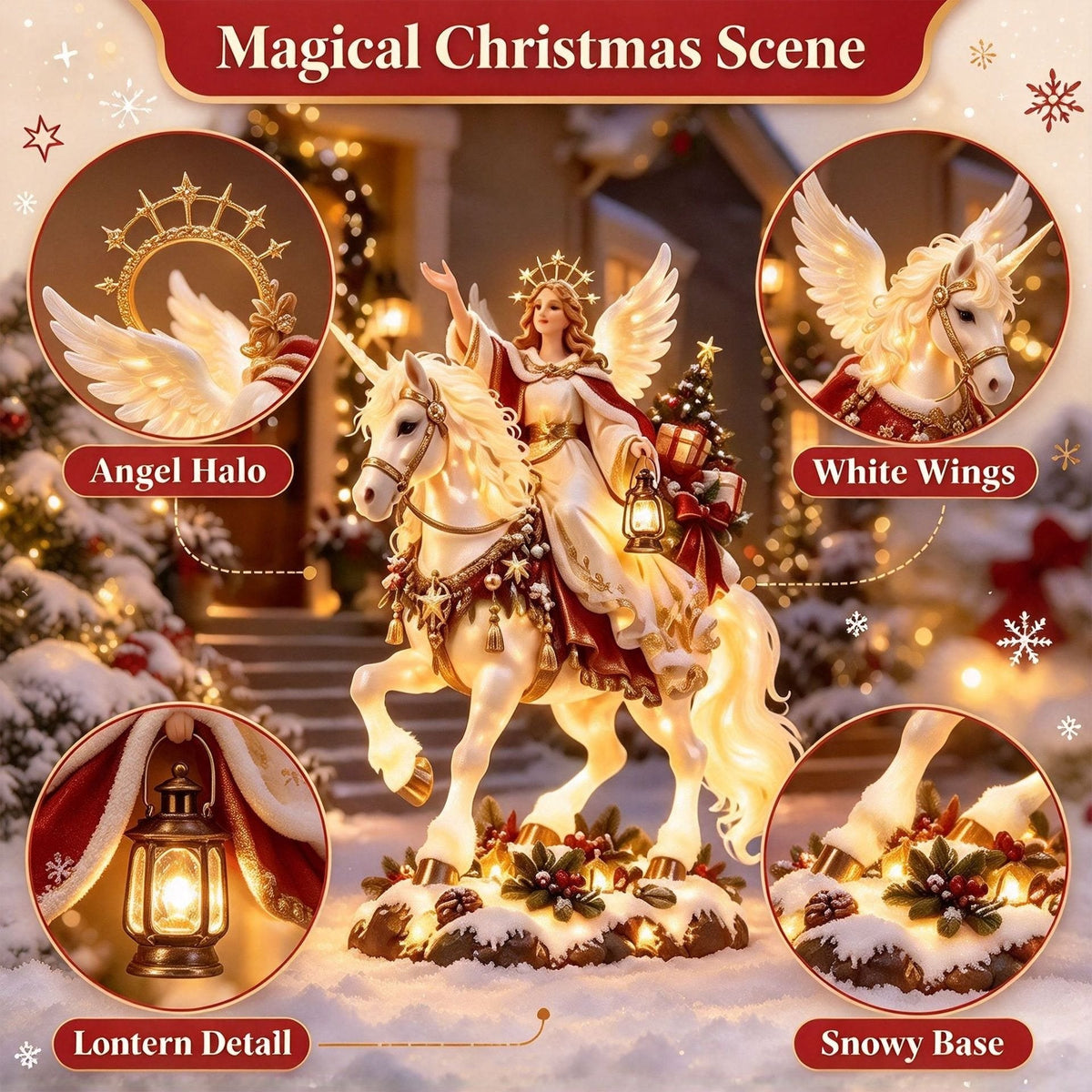 Christmas figurine with angel and unicorn – fairytale details in warm white light.