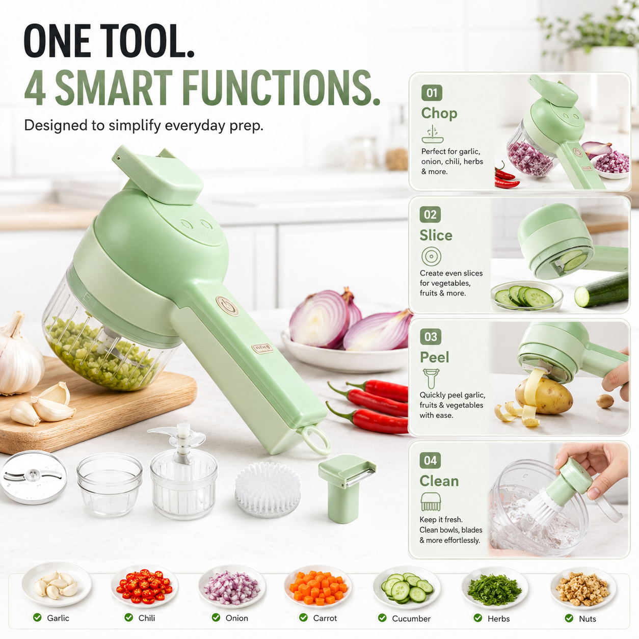 Four functions chop slice peel and clean