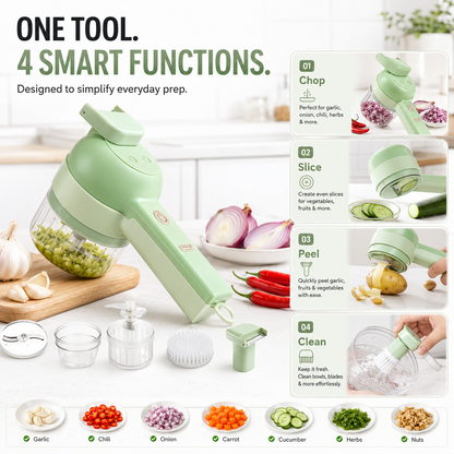4-in-1 Electric Vegetable Cutter & Food Chopper – Cordless Slicer, Peeler & Grinder