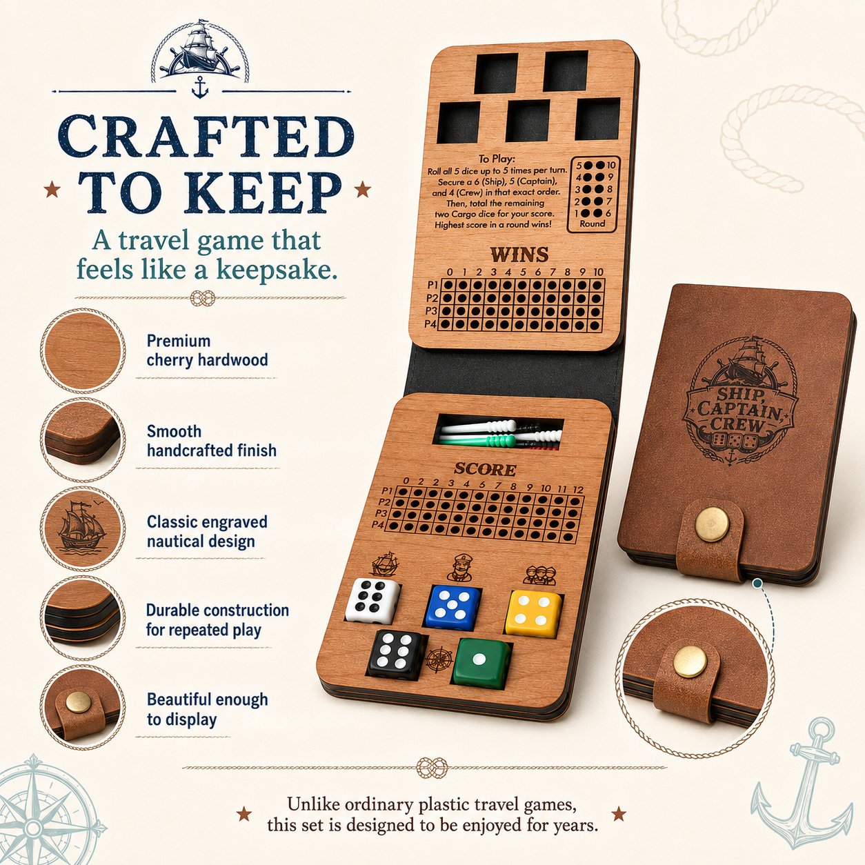 ⚓ Ship, Captain, Crew – A Classic Wooden Dice Game For Family & Travel Fun
