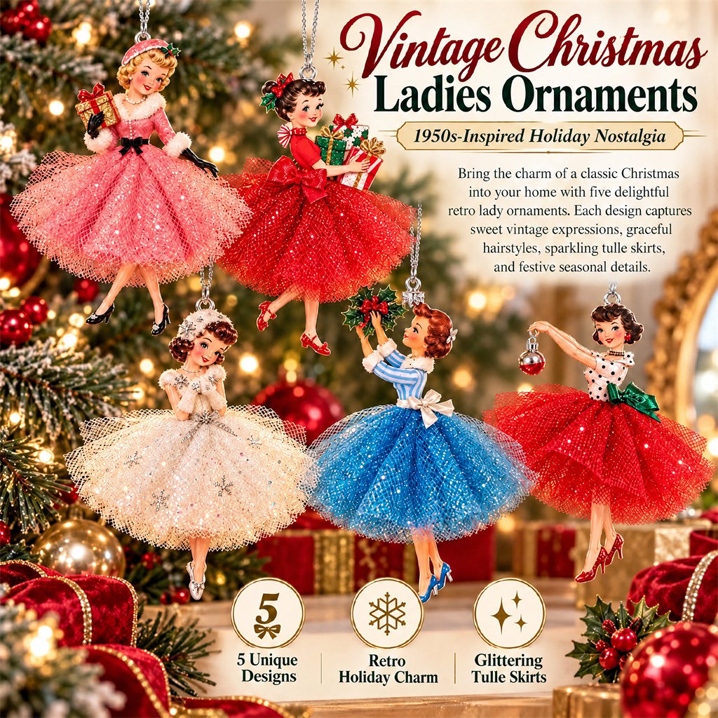 🎀 5 Vintage Christmas Lady Ornaments – Retro Faces, Tulle Skirts & Holiday Charm