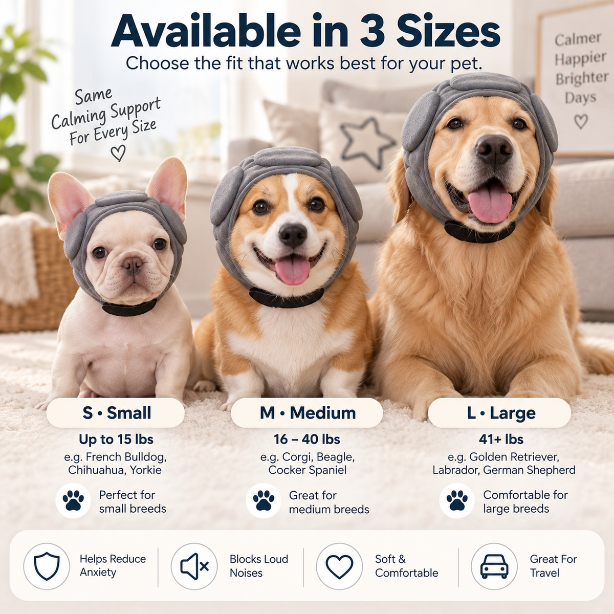 Small medium and large dog calming ear wrap size guide