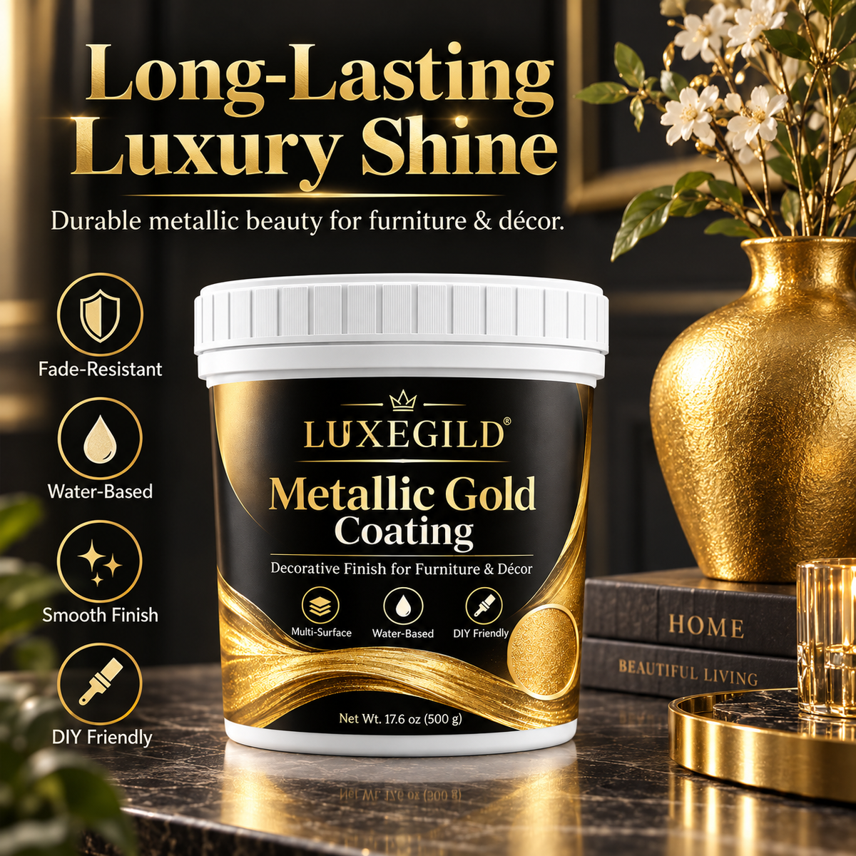 Rich metallic gold decorative finish