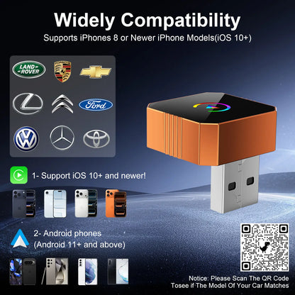 2 in 1 Wireless CarPlay Adapter, Plug & Play, Fast Auto Connection, Compatible with Factory CarPlay Cars 2016+