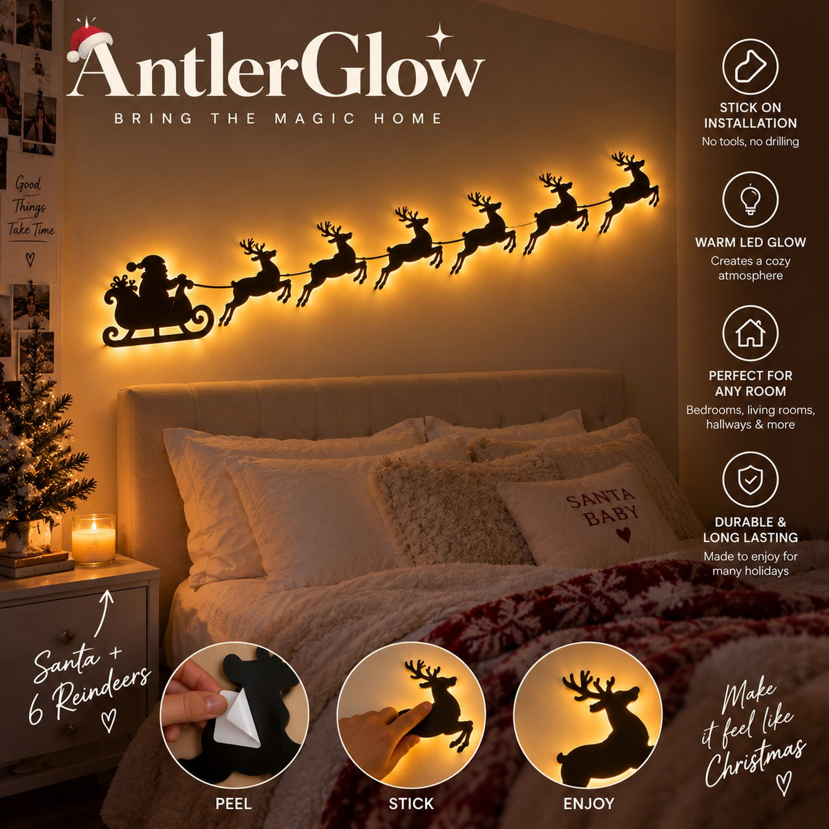 Santa sleigh and six reindeer warm LED wall decor