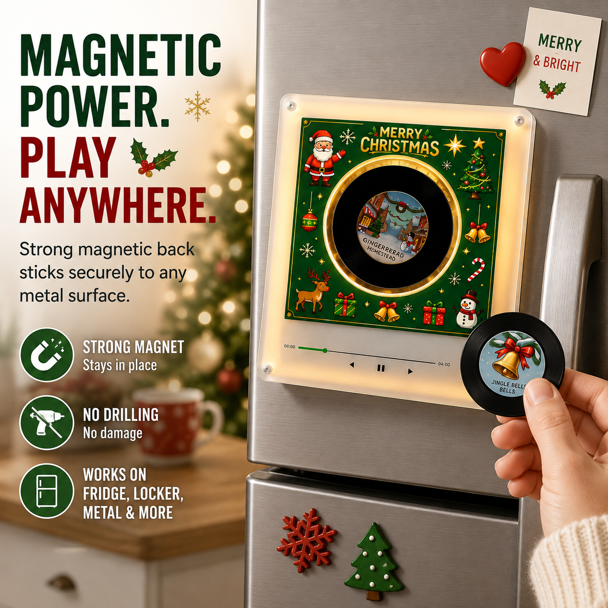 🎄🎵Christmas Fridge Magnet Music Player Set with 9 Vinyl Style Discs and USB C