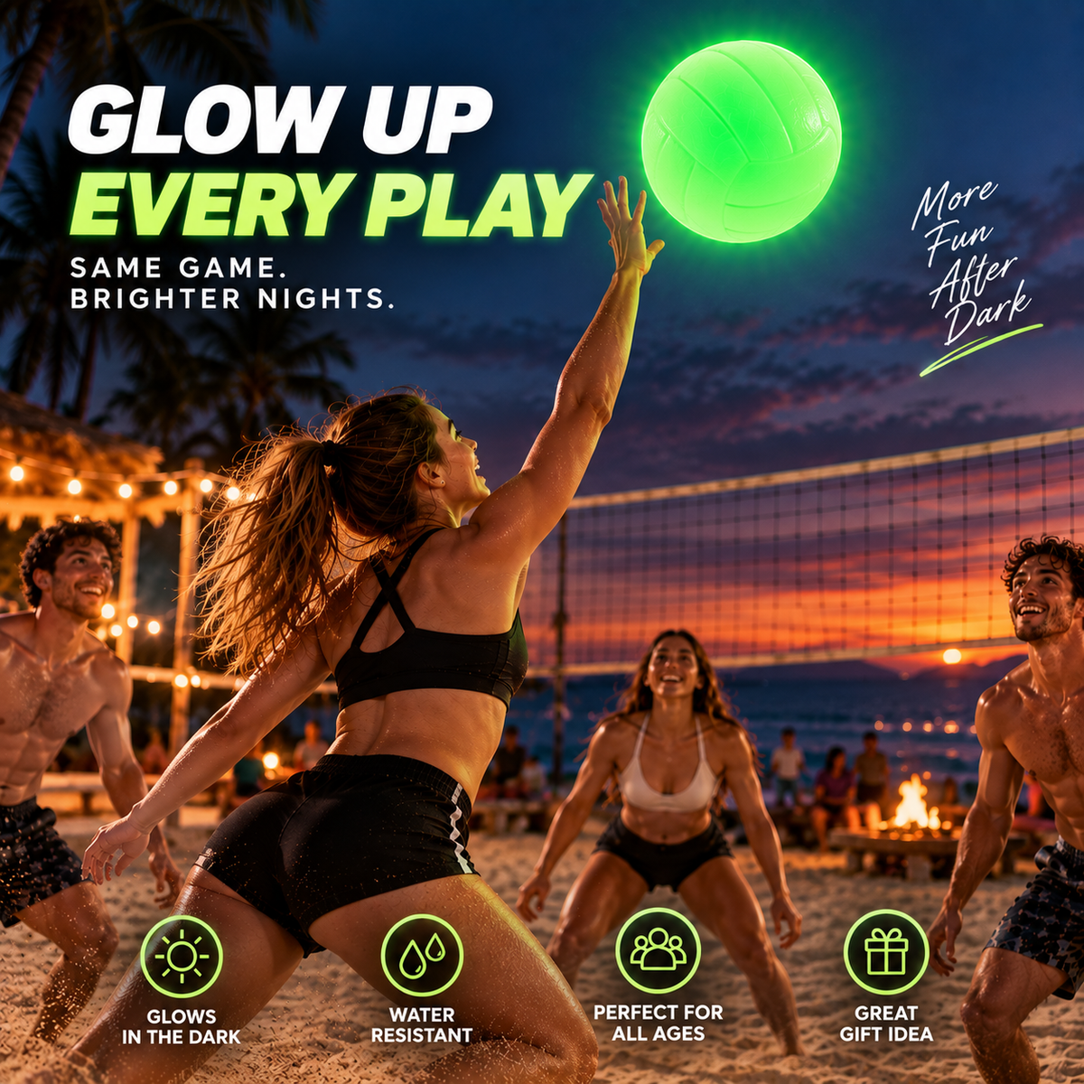 Nighttime glow volleyball game