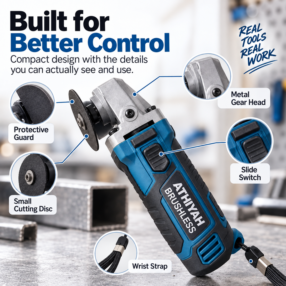 🔧 Mini Cordless Metal Cutting Tool – Compact Brushless Angle Grinder for DIY Repairs