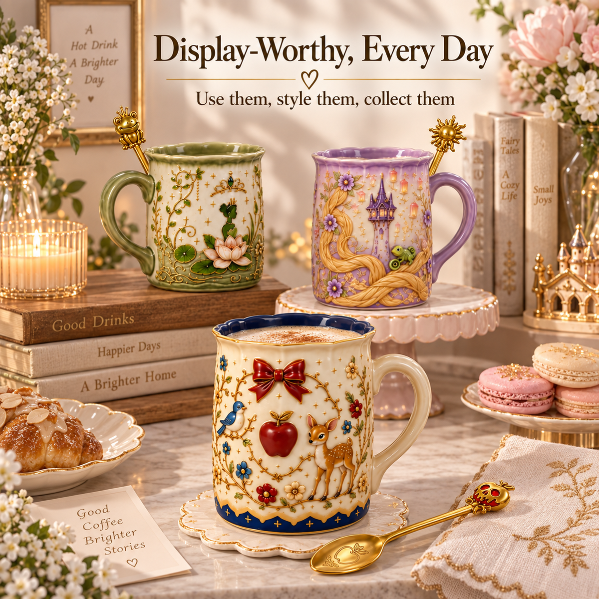 ✨ Enchanted Storybook Embossed Ceramic Mug – Matching Decorative Spoon & 5 Collectible Styles