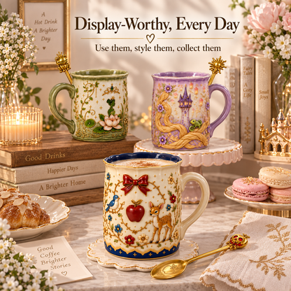 ✨ Enchanted Storybook Embossed Ceramic Mug – Matching Decorative Spoon & 5 Collectible Styles