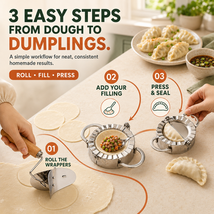 🥟 Steel DumStainless pling Maker & Dough Cutter Set – Roll, Fill, Press & Seal with Ease