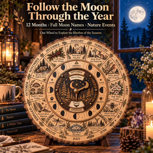 🌕 Handcrafted Wooden Moon Wheel — 12 Full Moon Names & Seasonal Nature Guide