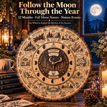 🌕 Handcrafted Wooden Moon Wheel — 12 Full Moon Names & Seasonal Nature Guide