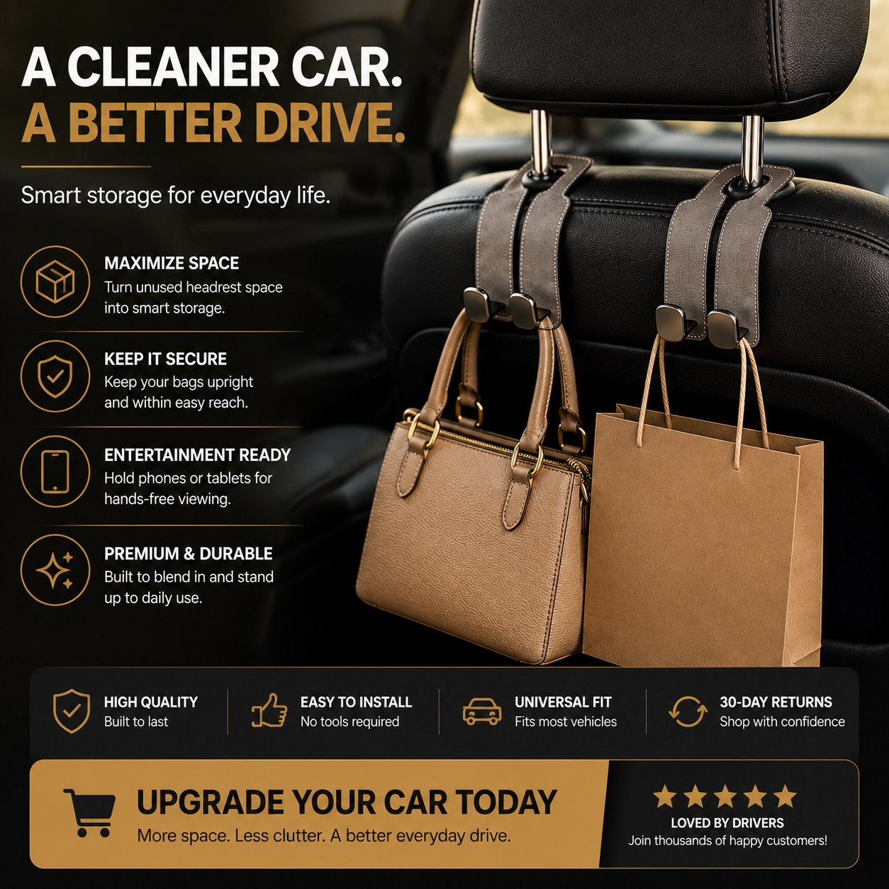 🚗 2-in-1 Car Headrest Organizer Hook & Phone Holder – Keep Bags Secure & Your Car Clutter-Free