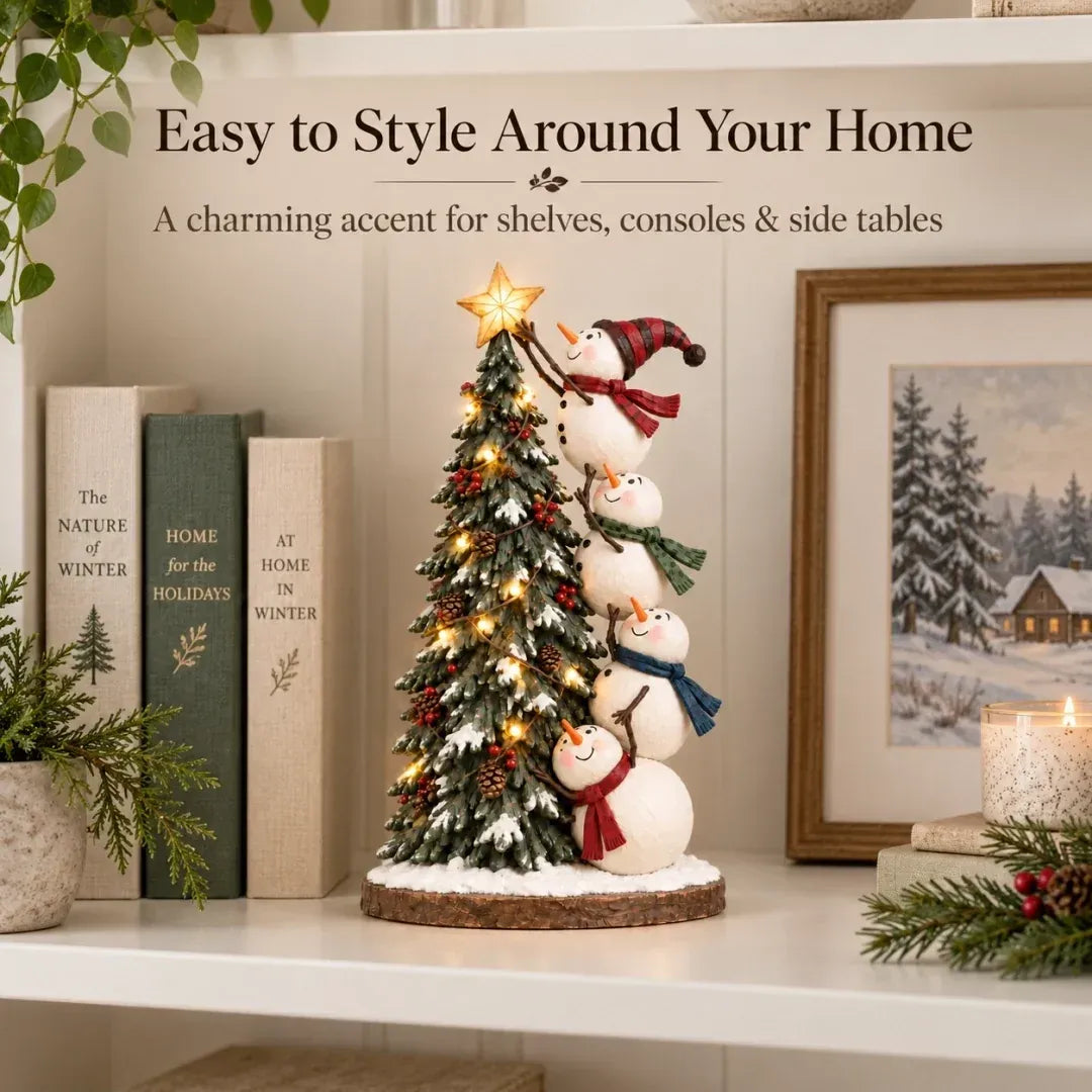 ⛄ Four Snowmen Light-Up Christmas Tree Figurine – LED Holiday Tabletop Decoration