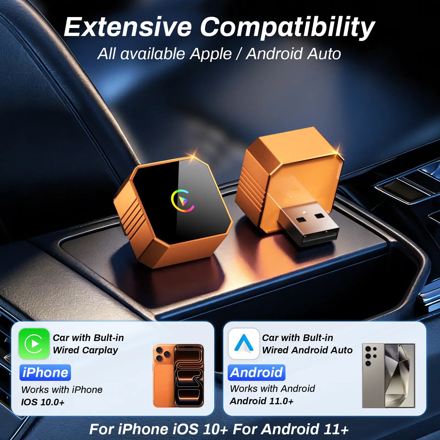 2 in 1 Wireless CarPlay Adapter, Plug & Play, Fast Auto Connection, Compatible with Factory CarPlay Cars 2016+