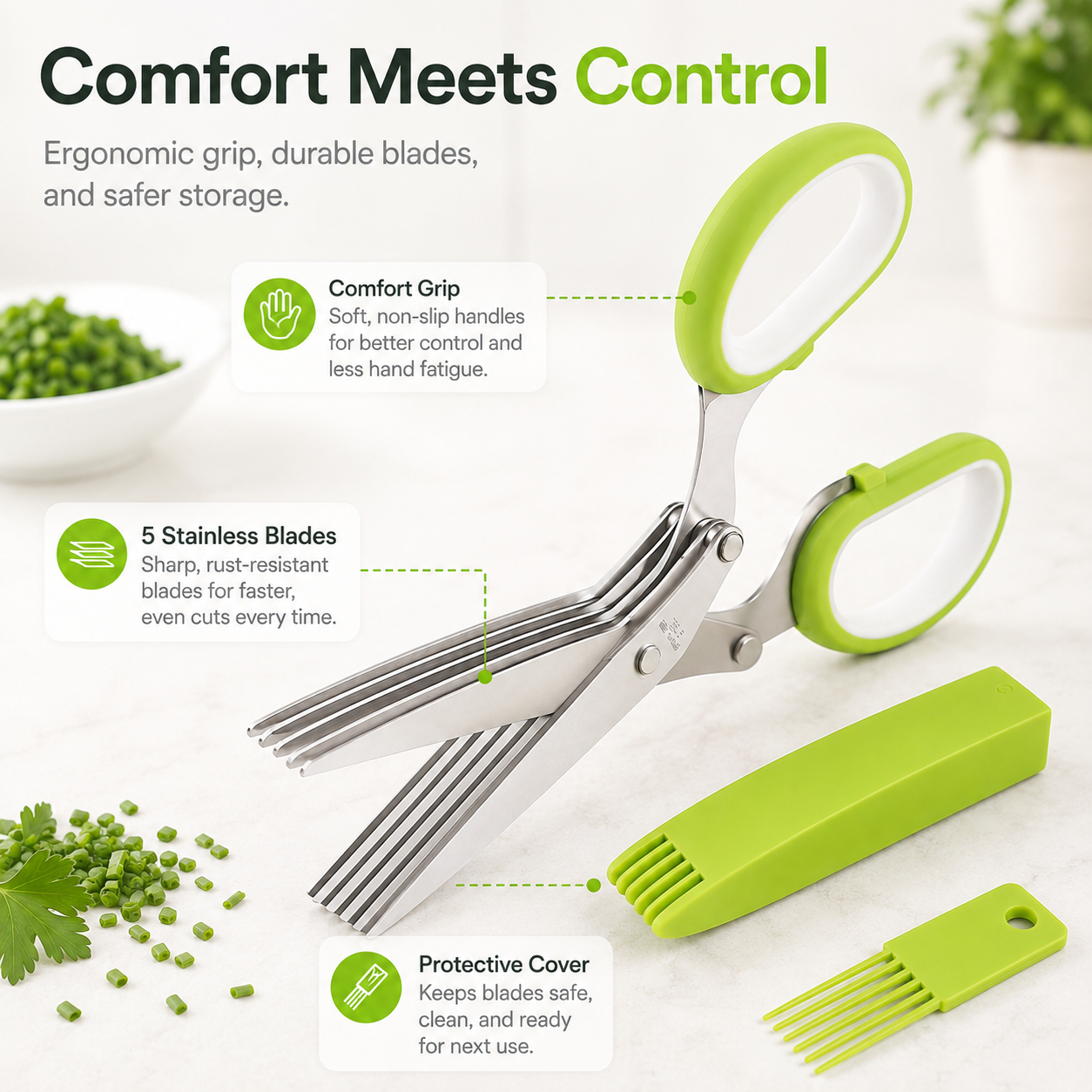 5-Blade Herb Scissors with Safety Cover & Cleaning Comb