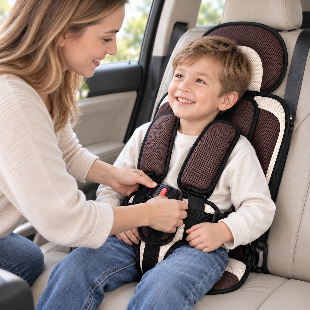 Adult adjusting the buckle on the padded child travel seat