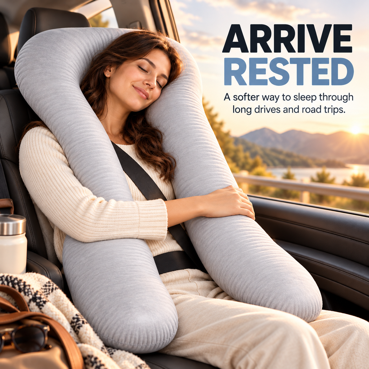 Passenger relaxing with the grey PlushRide full-body U-shaped pillow in a car