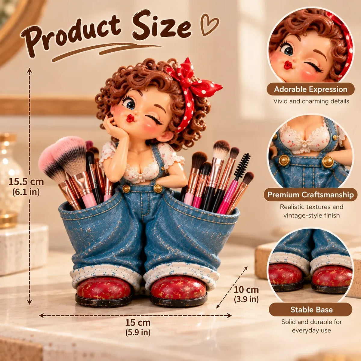 🎀💕 Vintage Girl Double-Pocket Organizer – Cute Denim-Style Figurine & Home Décor ✨
