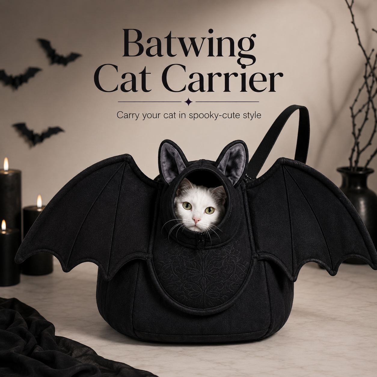 Black batwing cat carrier tote with cat peeking through front opening