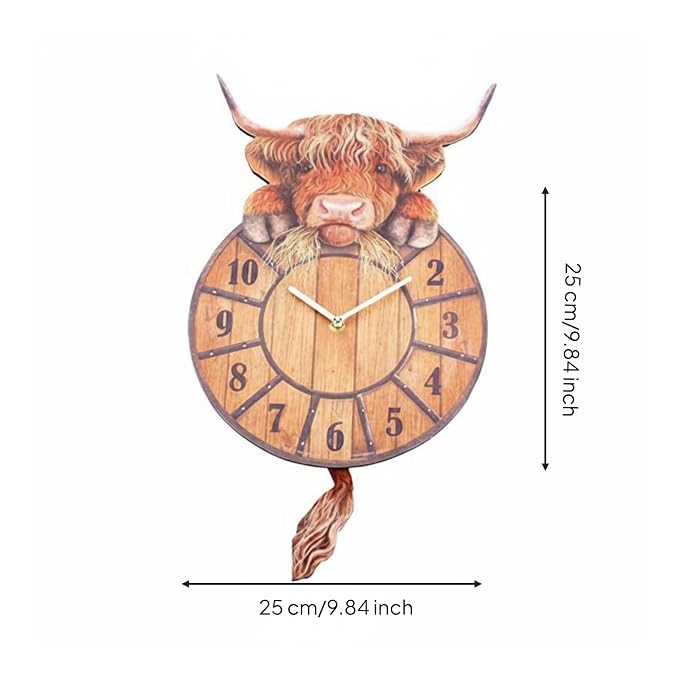 🐄 Swinging Tail Highland Cow Wall Clock – Rustic Farmhouse Decor