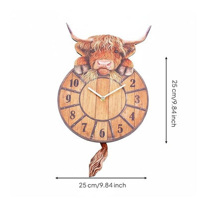 🐄 Swinging Tail Highland Cow Wall Clock – Rustic Farmhouse Decor