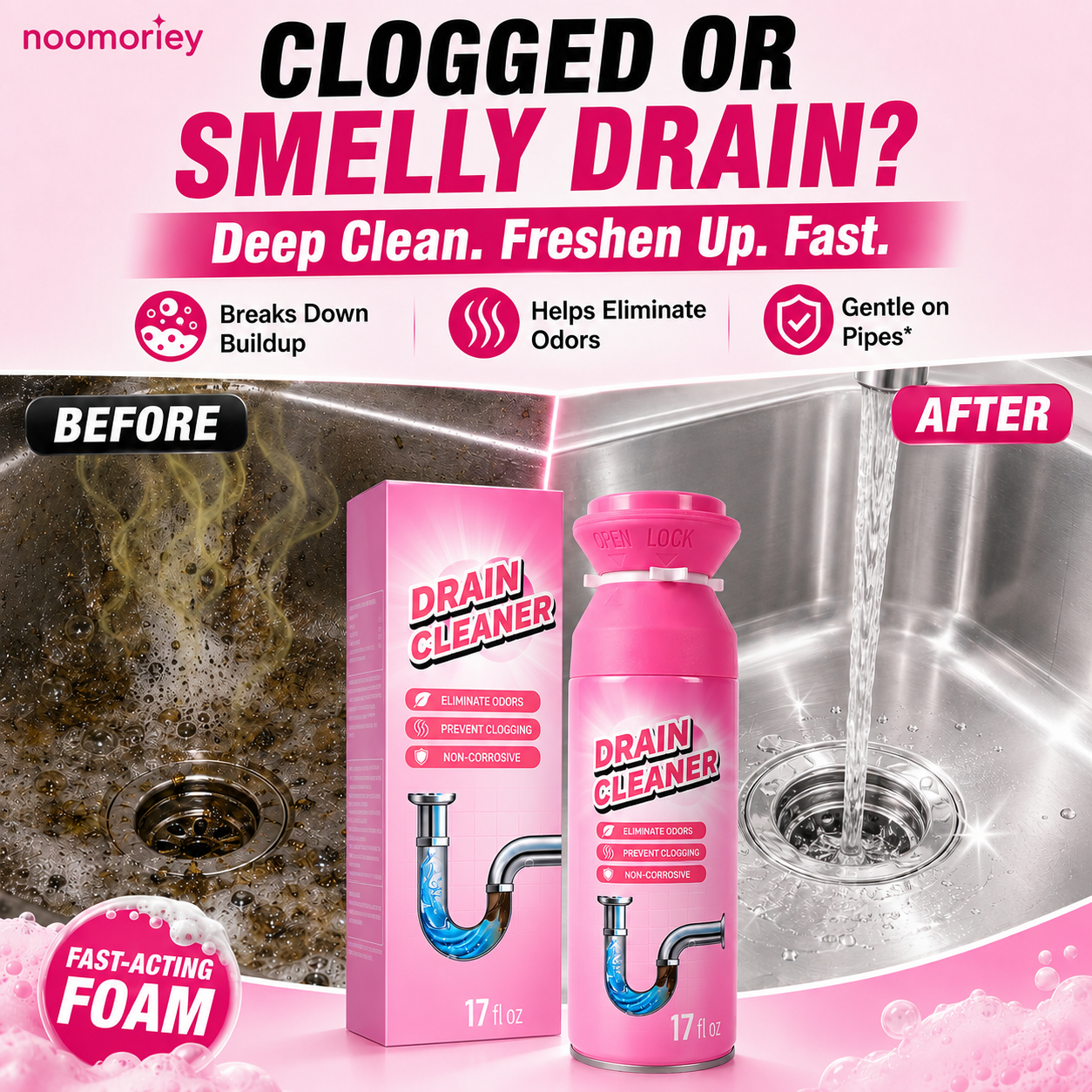 🫧Household Safe Foam Mousse Drain Cleaner - Clog Remover, Deodorizer for Kitchen Drains and Sinks
