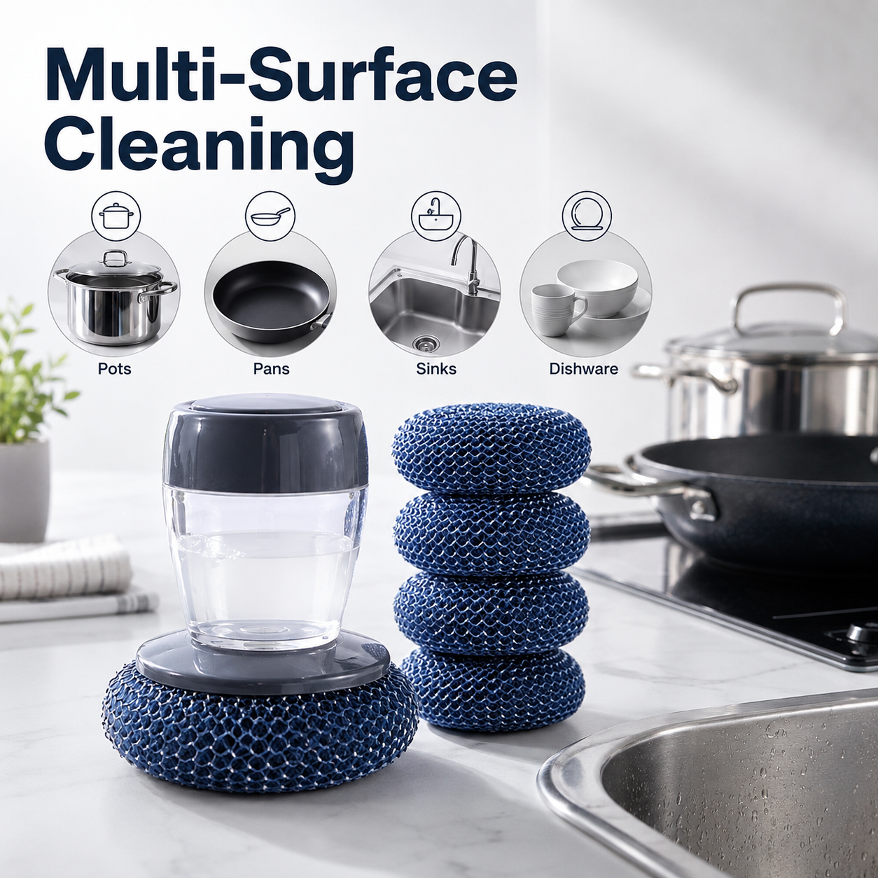 🧼 Soap-Dispensing Palm Scrubber Set – 1 Dispenser + 5 Extra PET Ball Brushes