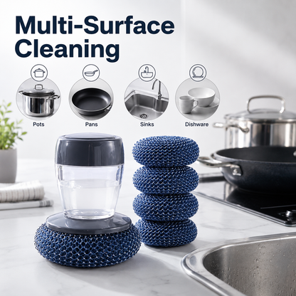 🧼 Soap-Dispensing Palm Scrubber Set – 1 Dispenser + 5 Extra PET Ball Brushes