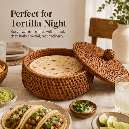 🧺 Woven Tortilla Basket With Lid – Covered Bread & Table Serving Basket