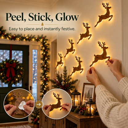 🦌 7-Piece Glowing Reindeer Wall Decor – Warm Christmas Flying Reindeer Light Set