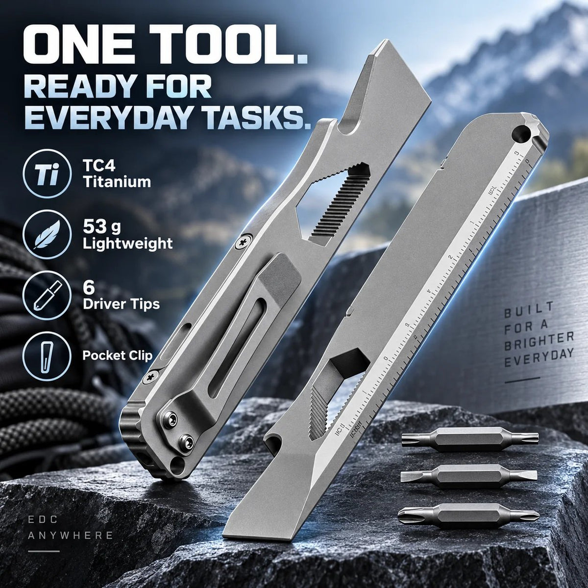 📍🔧 TC4 Titanium EDC Multitool with Pry Bar & Screwdriver Bits
