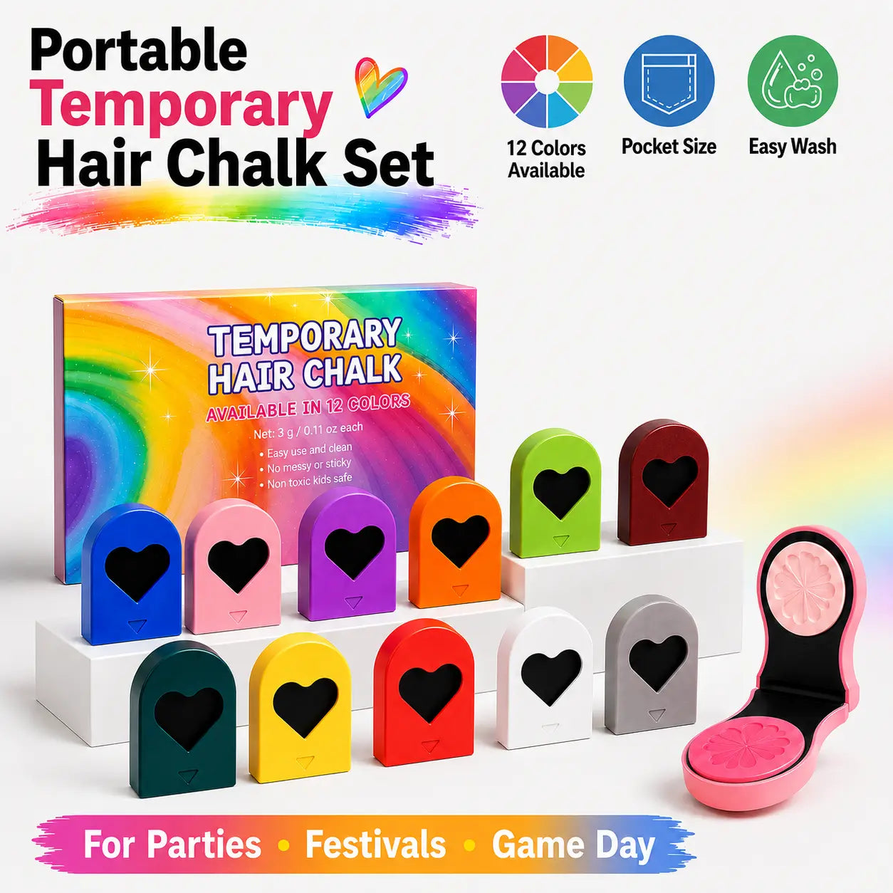 🌈 Instant Hair Color Magic – Washable Temporary Hair Chalk Set